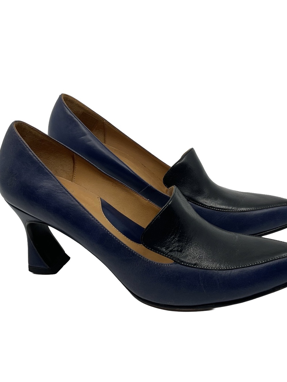 John Fluevog Davis Two-Tone Navy and Black Leather Heels